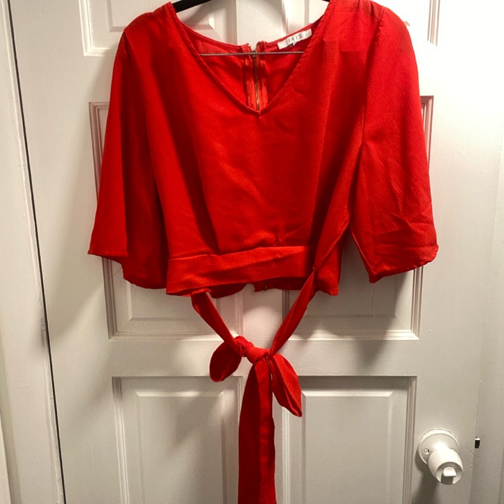 Red V-Neck Cropped Top Zip-Up & Tie in the Back